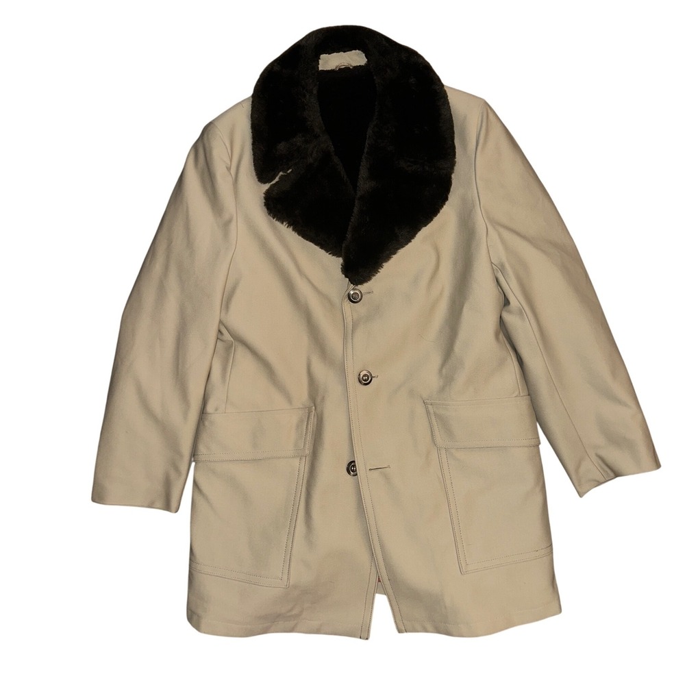Vintage Sears The Men's Store Travellknit Tan Faux Fur Collar Car Coat 42 Reg